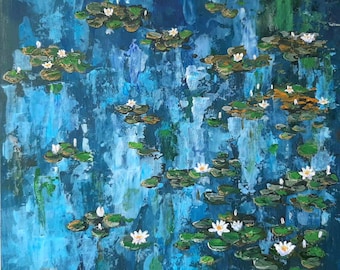 Original Water Lilies Acrylic Painting: Floral Lotus Pond Art (8.5x8.2 in)