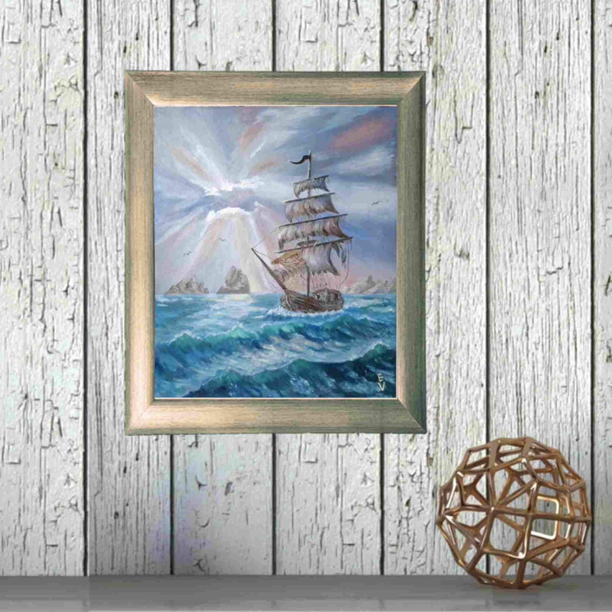 オリジナル油絵：海賊船の海景、海洋アート（10x12） - Etsy 日本