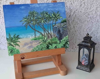 オリジナルのヤシの木の絵画：海岸のビーチの海景アクリルアート（6x8
