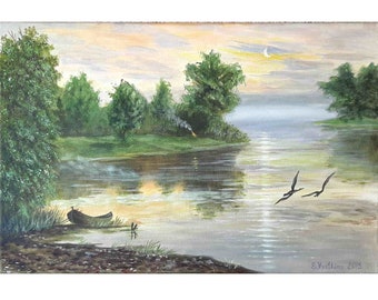 Pintura acrílica original sobre un río: Paisaje al atardecer, arte de la vida silvestre (16 x 24)