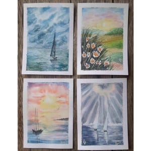 Segelboot Malerei Original Aquarell Seelandschaft Kunstwerk Kartenset 6 Karten Wolken Postkarte Postkarte Sturm Himmel Gemälde 10x15 cm by ArtfromElenaV
