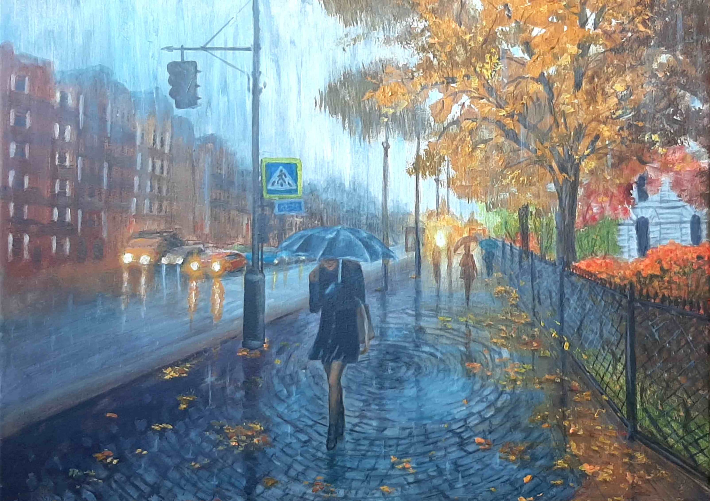 Rainy Day Painting Original Canvas Rain Weekday Art Acrylic