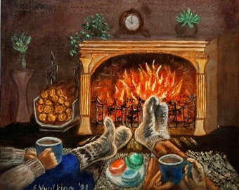 Hearth Painting Original Art Fireplace Canvas Art Hearth Artwork Fireplace Artwork Christmas Scene Art 12 by 16 by ArtFromElenaV