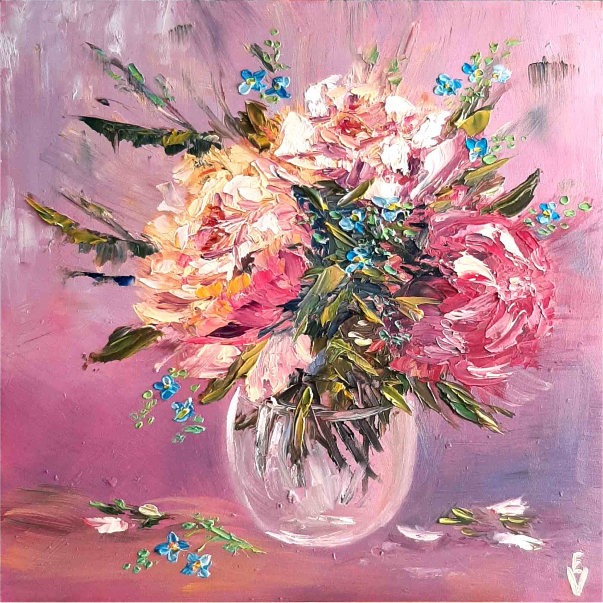 Pink Peony Painting Original Oil Art Floral Wall Art Floral Painting Daisies Artwork Meadow Painting 8 by 8 by ArtFromElenaV