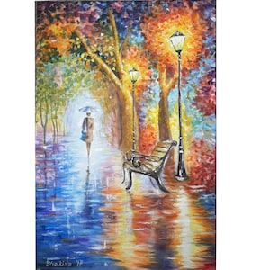 Rainy Alley Artwork Original Canvas Acrylic Painting Rain Artwork Rain Wall Art Rain  Painting  Lantern Wall Art 16 by 24 by ArtFromElenaV