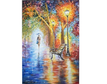 雨の日の都市風景画：オリジナルアクリルキャンバスアート（16x20