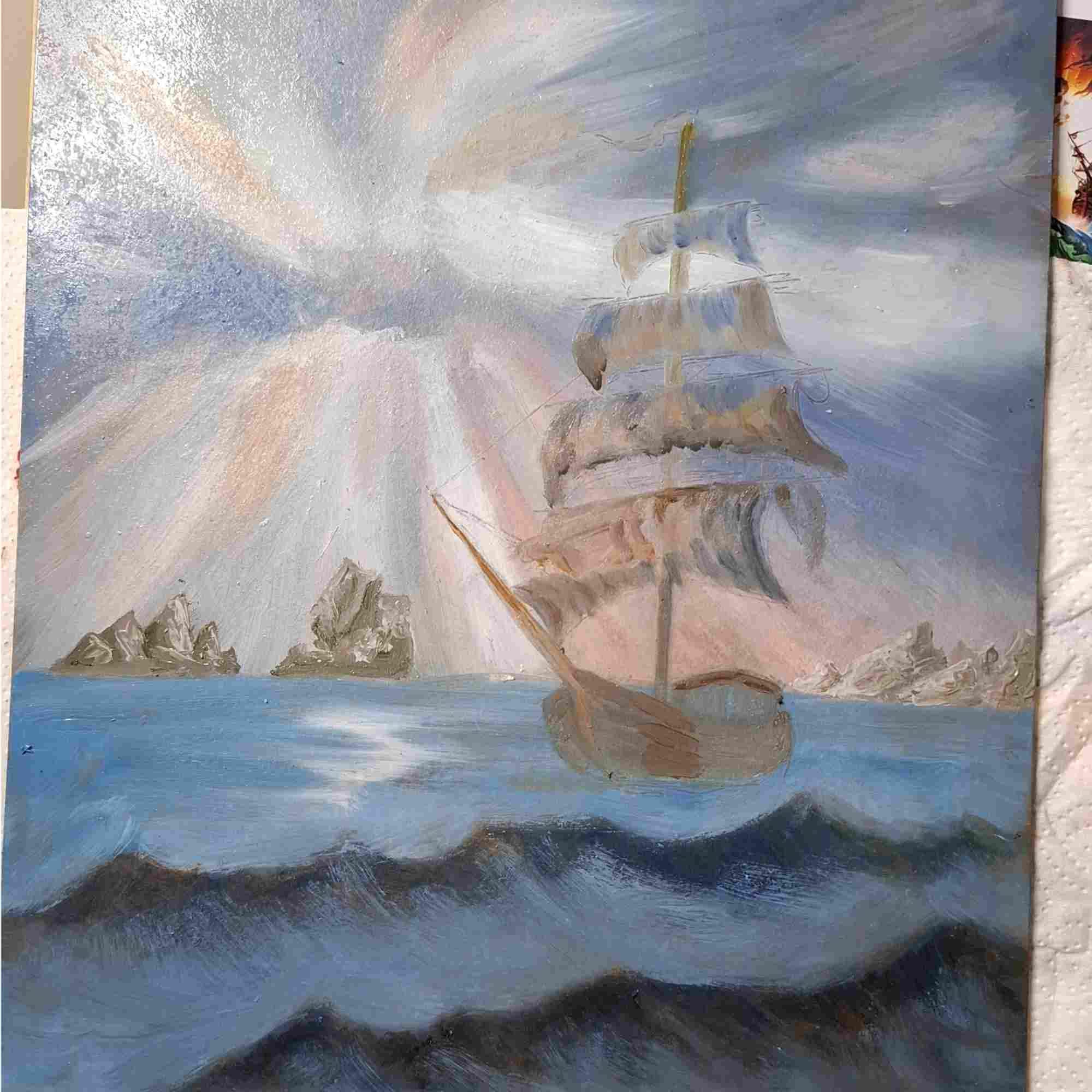 オリジナル油絵：海賊船の海景、海洋アート（10x12） - Etsy 日本