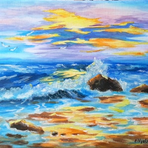 Sea Surf Art Original Painting Sunset Painting Seascape Canvas Ocean  Wave Art Acrylic Painting Seascape Wall Art  12 by 16 by ArtFromElenaV