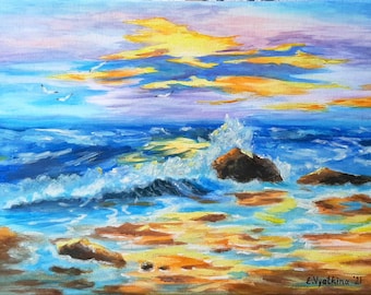 Sea Surf Art Original Painting Sunset Painting Seascape Canvas Ocean  Wave Art Acrylic Painting Seascape Wall Art  12 by 16 by ArtFromElenaV