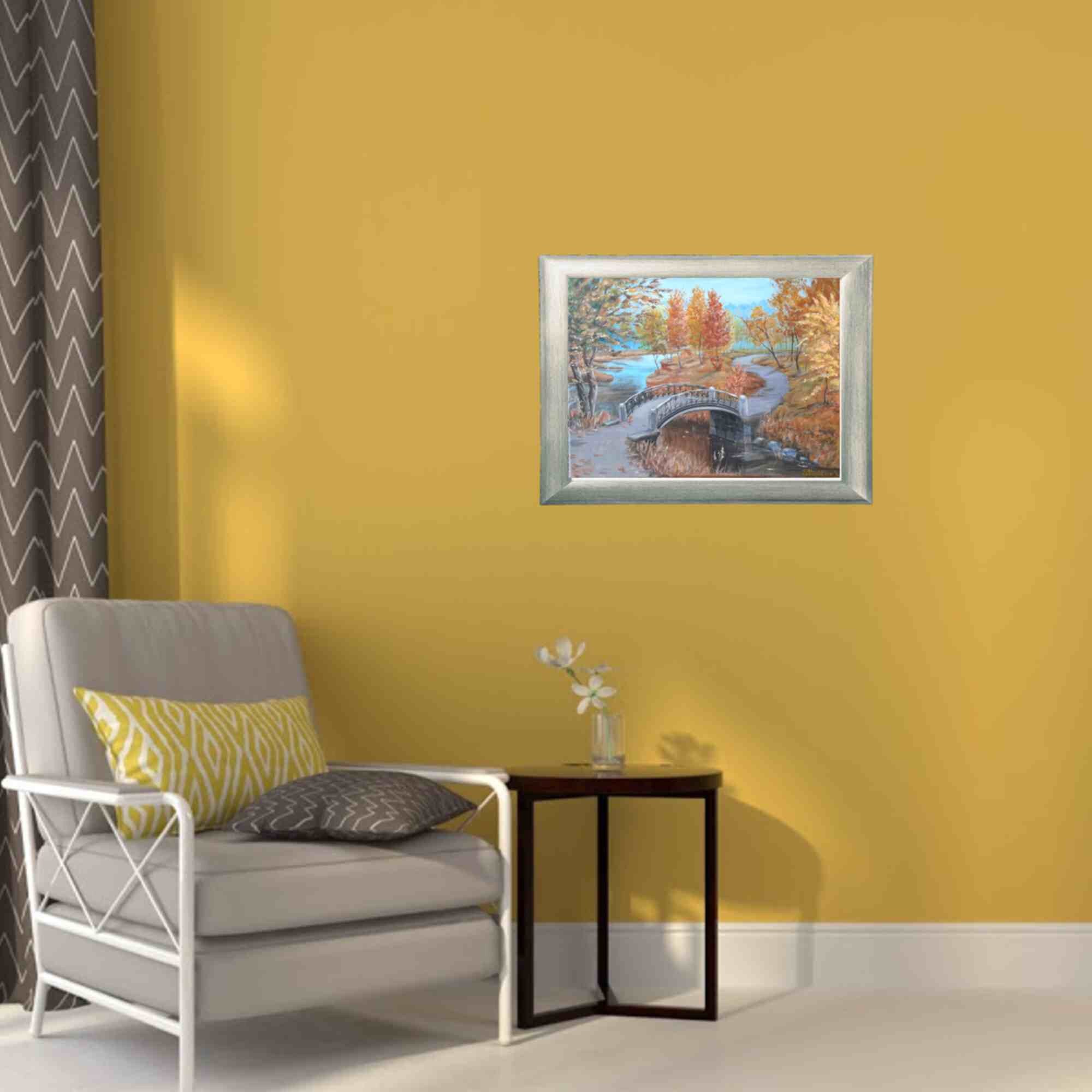 オリジナルアクリル橋の絵画：秋の川の風景、12x16キャンバス - Etsy 日本