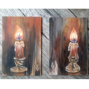 Candela pittura originale arte acrilica Set di 2 carte natura morta pittura opera d'arte a lume di candela piccola arte della parete 5,5 da 3,7 di ArtFromElenaV