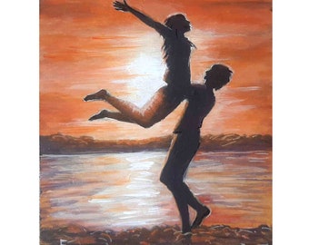 Original Acrylic Couple Painting: Coastal Sunset Seascape Art (8x6 in