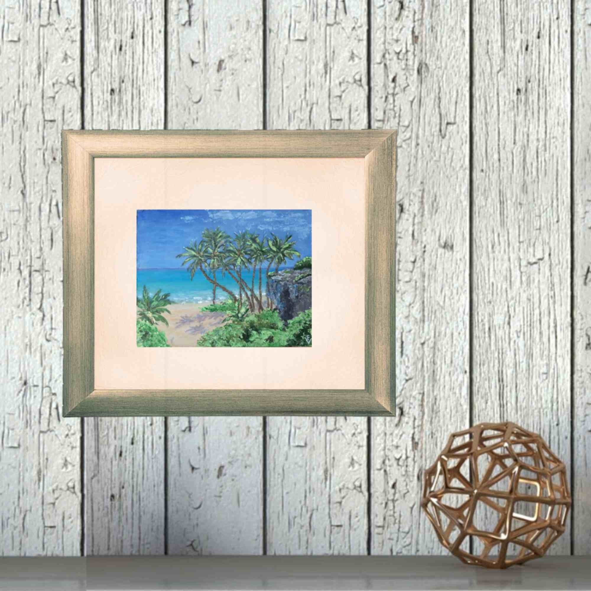 オリジナルのヤシの木の絵画：海岸のビーチの海景アクリルアート（6x8