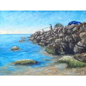 Pintura de pesca Arte a óleo original Arte de cena de pesca Arte de pescador Arte de costa de mar rochoso Arte de parede de praia 8x10,5 por ArtFromElenaV