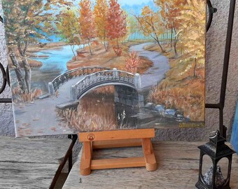 オリジナルアクリル橋の絵画：秋の川の風景、12x16キャンバス - Etsy 日本