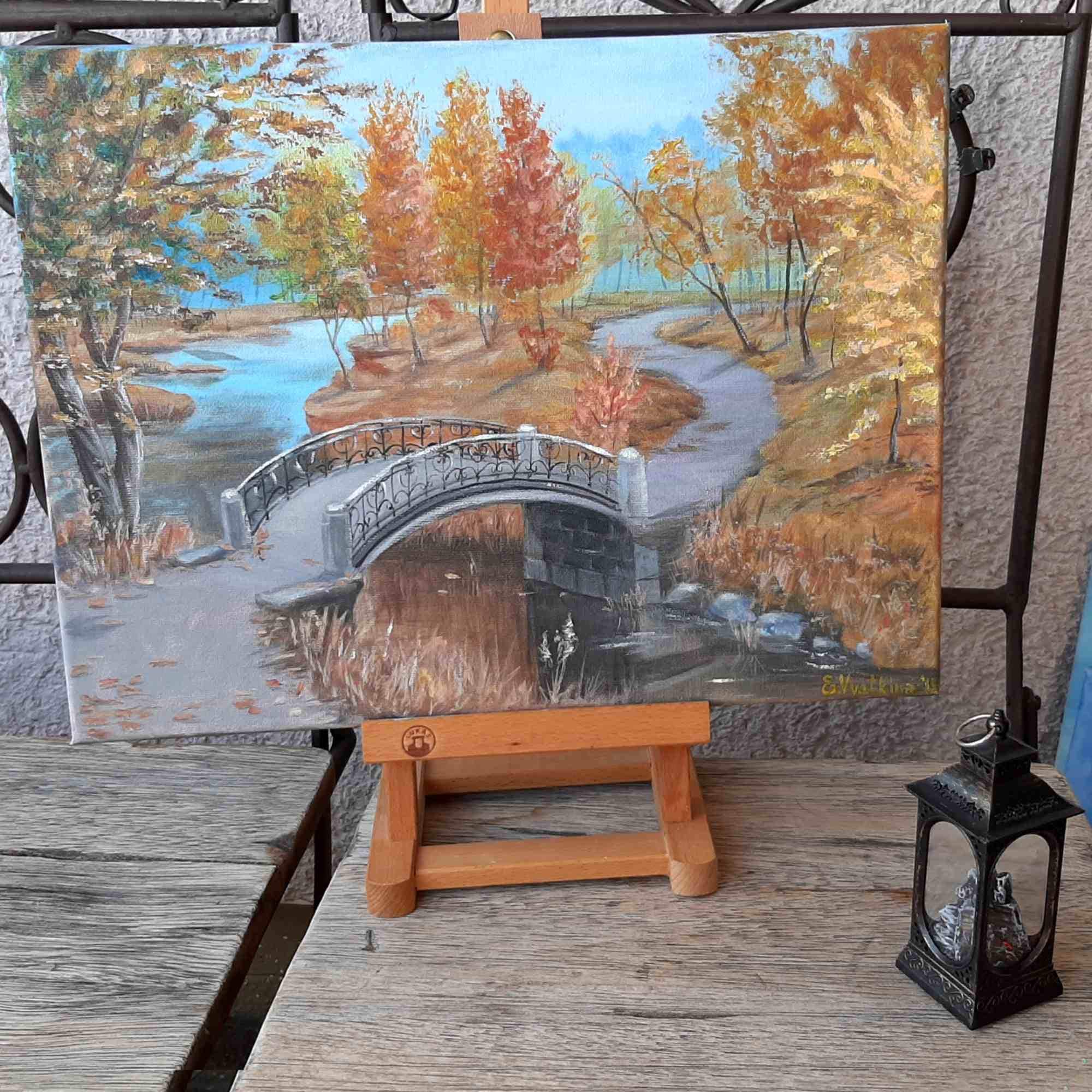 Original Acrylic Bridge Painting: Autumn River Landscape, 12x16