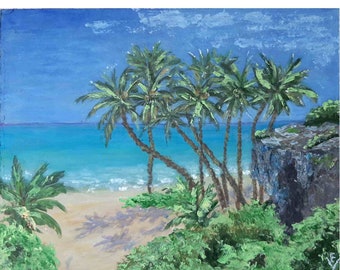 Palm Tree Painting Original Acrylic Art Coastal Artwork Sea Beach Painting Seascape Artwork Beach Artwork 6 by 8 by ArtFromElenaV