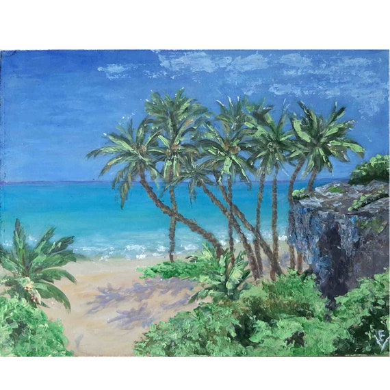 オリジナルのヤシの木の絵画：海岸のビーチの海景アクリルアート（6x8