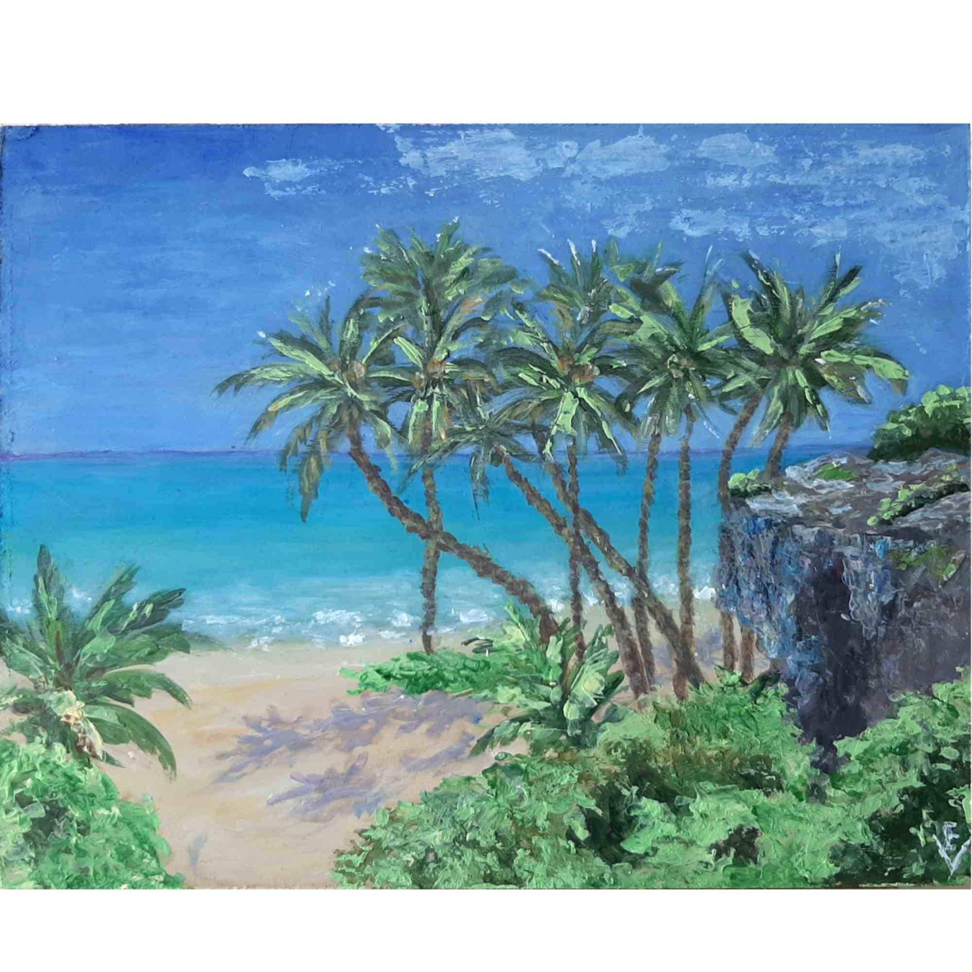 オリジナルのヤシの木の絵画：海岸のビーチの海景アクリルアート（6x8