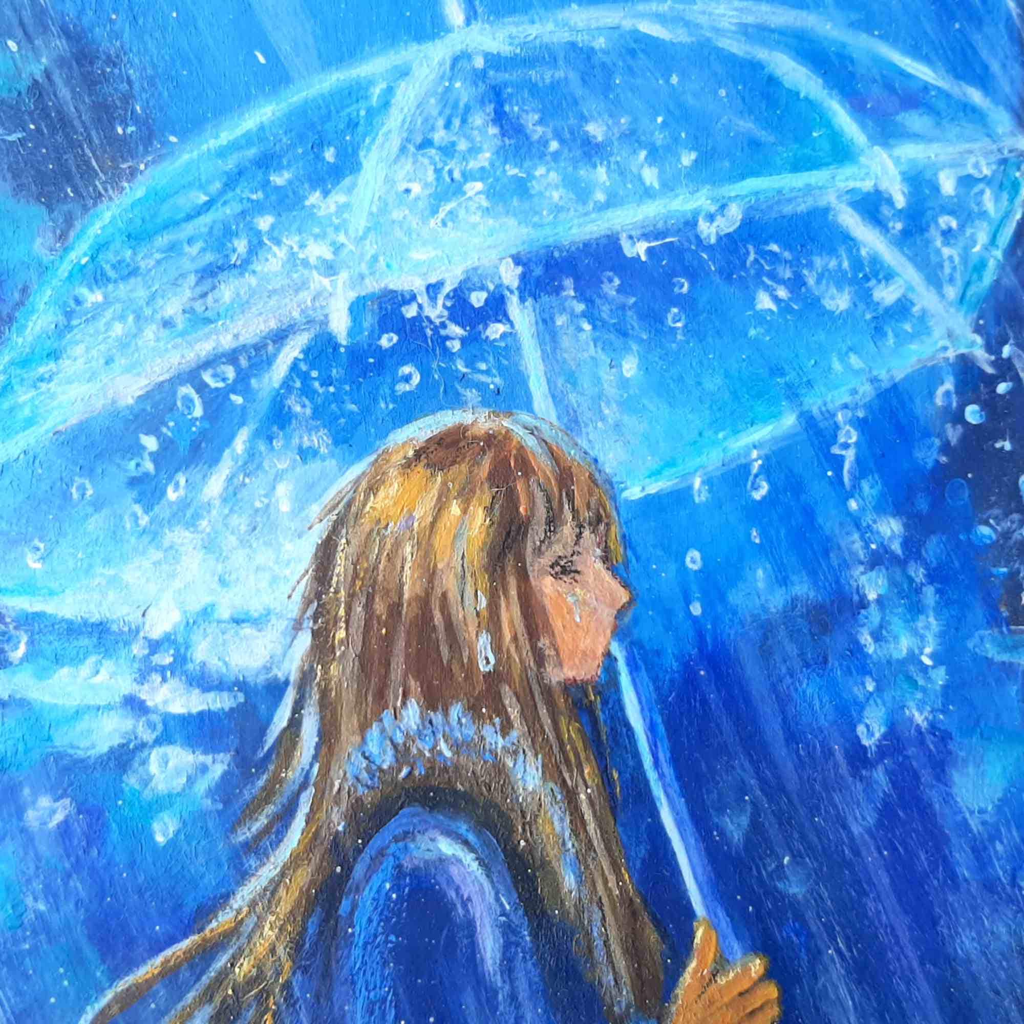 オリジナル油絵：雨の中傘を持つ少女、8x6 - Etsy 日本