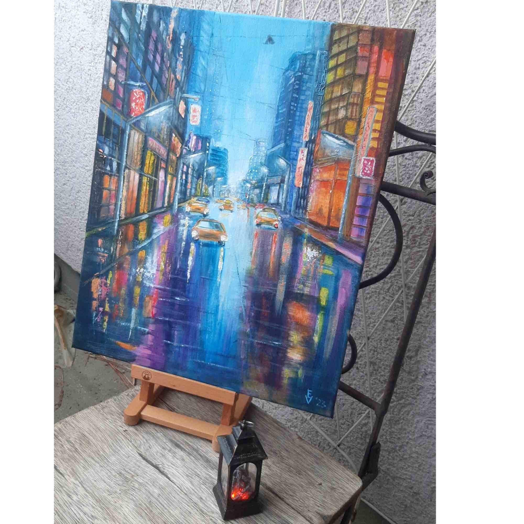 ニューヨークの街並みの絵画：雨の街並み、オリジナルアクリル