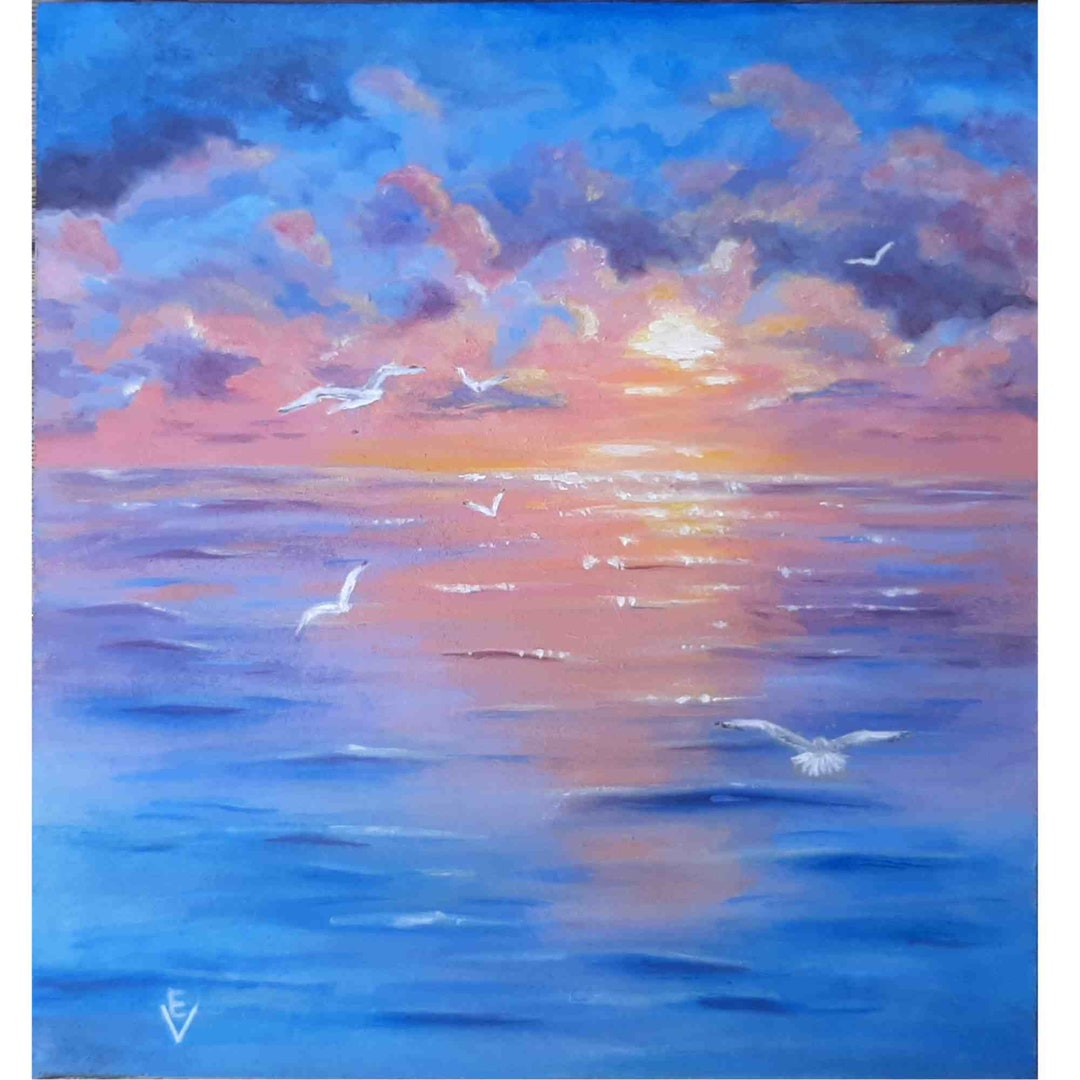 Pink Sunset Painting Original Acrylic Art Sky Painting Seascape Artwork Sea Beach Wall Art