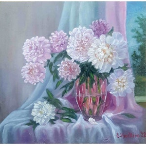 White Peony Painting Original Oil Art Floral Artwork Flower Painting Pink Peony Artwork Meadow Painting 10 by 10 by ArtFromElenaV
