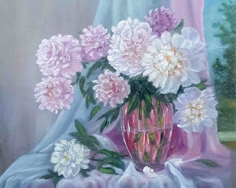 White Peony Painting Original Oil Art Floral Artwork Flower Painting Pink Peony Artwork Meadow Painting 10 by 10 by ArtFromElenaV