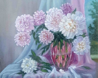 Weiße Pfingstrose Malerei Original Öl Kunst Blumen Kunstwerk Blumen Malerei Rosa Pfingstrose Kunstwerk Wiese Malerei 10 von 10 von ArtFromElenaV