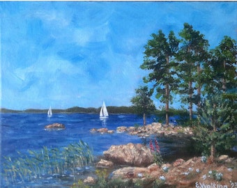 Bay Painting Original Acrylique Art Sea Beach Artwork Pins Toile Prairie Peinture Island Paysage 9 par 12 par ArtFromElenaV