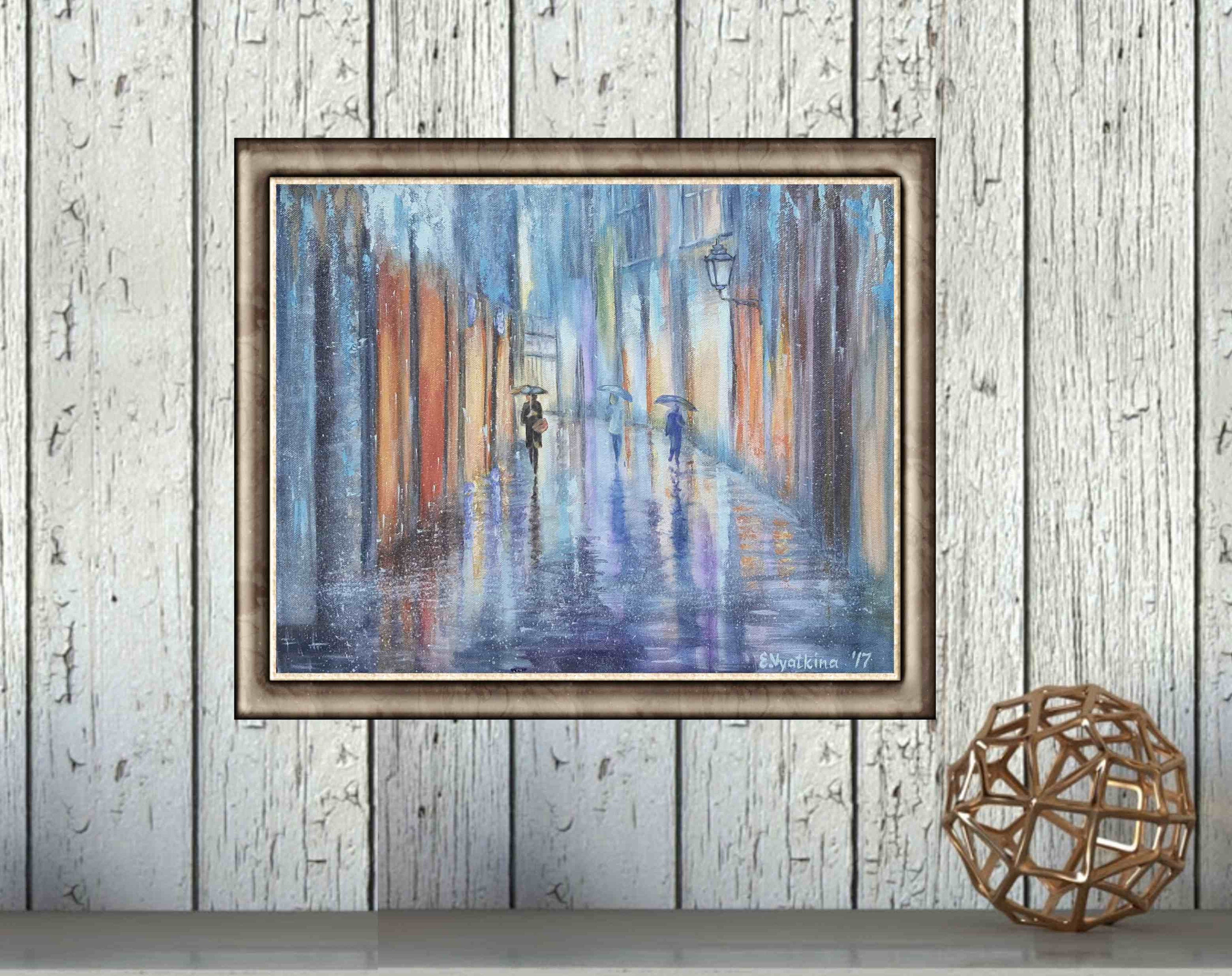 雨の夜のアクリル画：都市風景の傘アート（16x20） - Etsy 日本