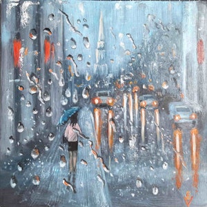 Raindrops Painting Original Oil Art Cityscape Artwork Street Painting Rainy City Wall Art Rain Streaks Artwork  8 by 8 by ArtFromElenaV
