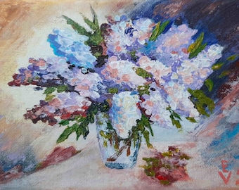 Lilac glass artwork Lilac original art Bouquet lilac painting Flower canvas art Lilac artwork Glass wall art 5 by 7 by ArtFromElenaV