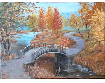 オリジナルアクリル橋の絵画：秋の川の風景、12x16キャンバス - Etsy 日本