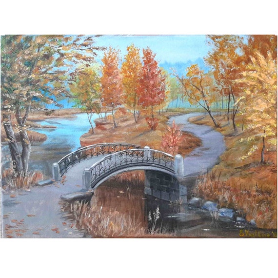 オリジナルアクリル橋の絵画：秋の川の風景、12x16キャンバス - Etsy 日本