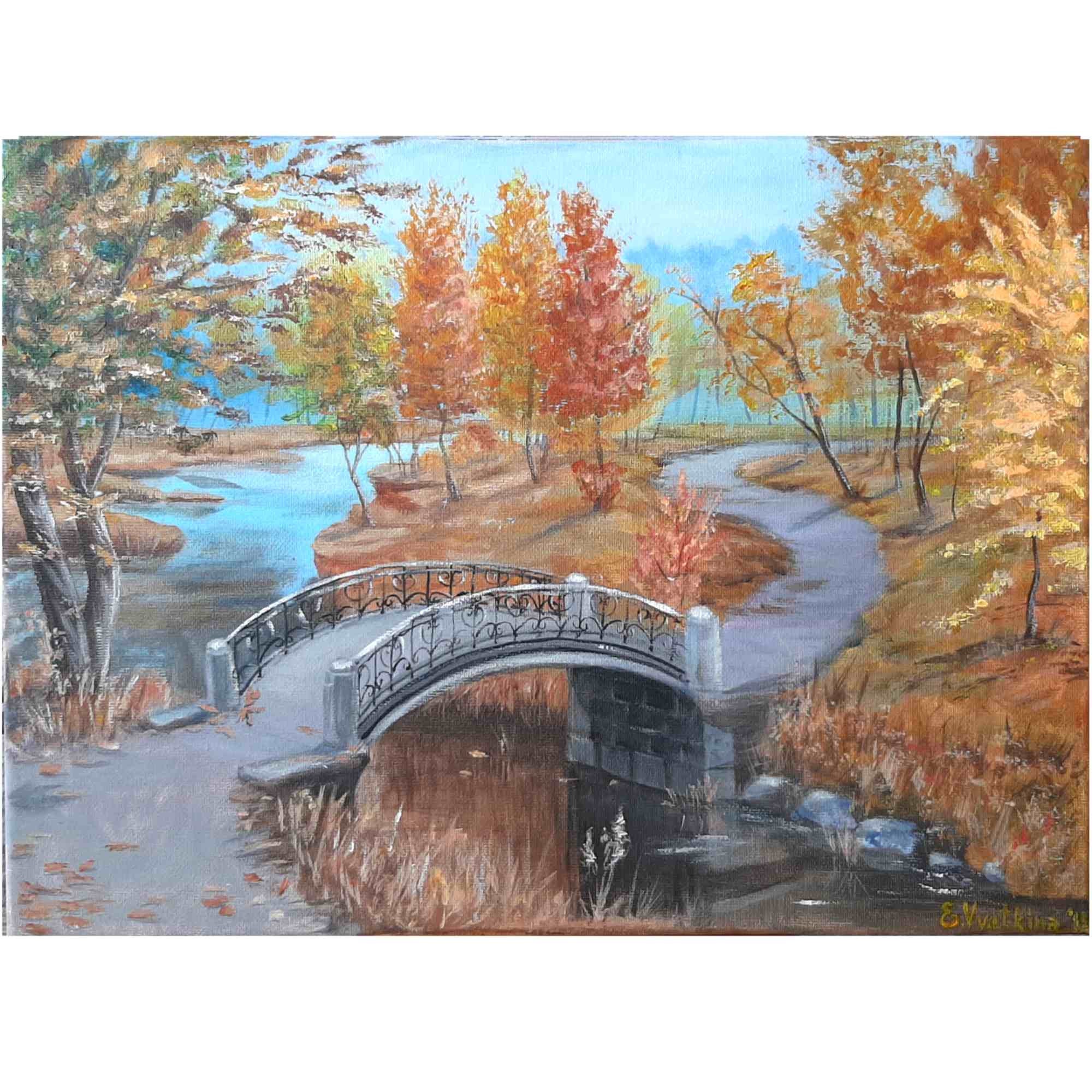 オリジナルアクリル橋の絵画：秋の川の風景、12x16キャンバス - Etsy 日本