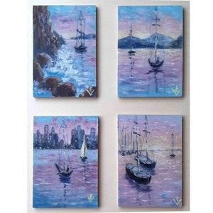 Sea Surf Painting Arte acrilica originale ACEO Seascape Wall Art Opera d'arte costiera Barche Pittura Tramonto Opera d'arte 3.5x2.5 di ArtFromElenaV
