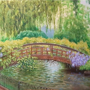 Bridge Painting Bridge Original Art Willow Canvas Art Romantic Bridge Art River Wall Art Wisteria Artwork 16 by 24 by ArtFromElenaV