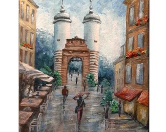 Old Town Gate Acrylic Painting: European Cityscape Art, 7x10 Canvas