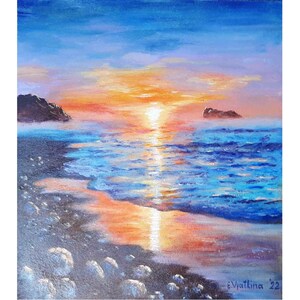 Original Sunset Oil Painting: Coastal Seascape Rock Art (11x9.5)