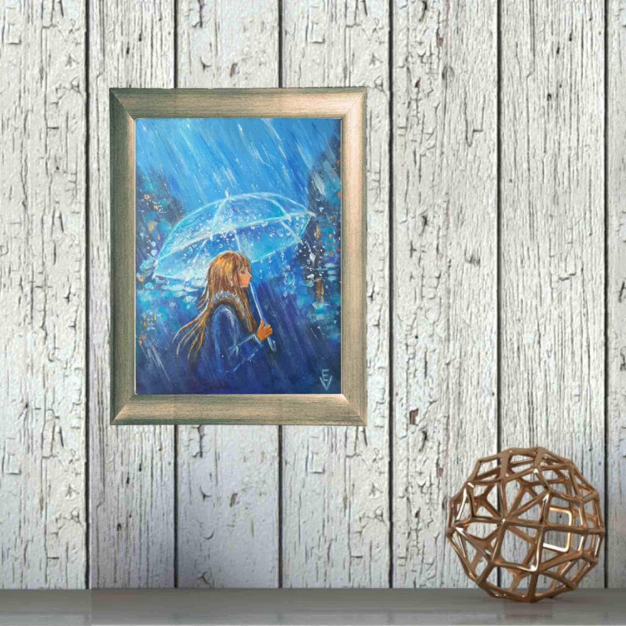 オリジナル油絵：雨の中傘を持つ少女、8x6 - Etsy 日本