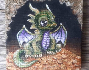 Dragon on Gold Art Original Painting Animal Painting Green Dragon Artwork Dragon Wall Art  Zodiac Painting  4 * 4 by ArtFromElenaV