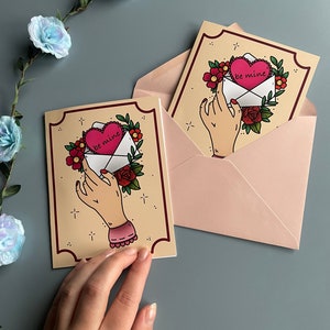 Valentines Card ‘Be Mine’, Cute Valentines Day Card, Card for Girlfriend, Card for Boyfriend, Traditional Tattoo Art, Valentines Day Gift