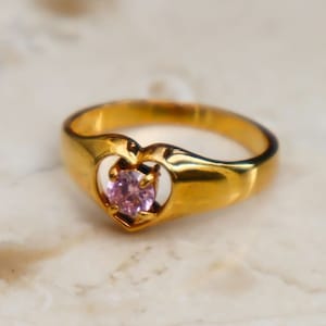 Vintage 18k Gold Electroplated Heart Ring: Pink CZ Solitaire