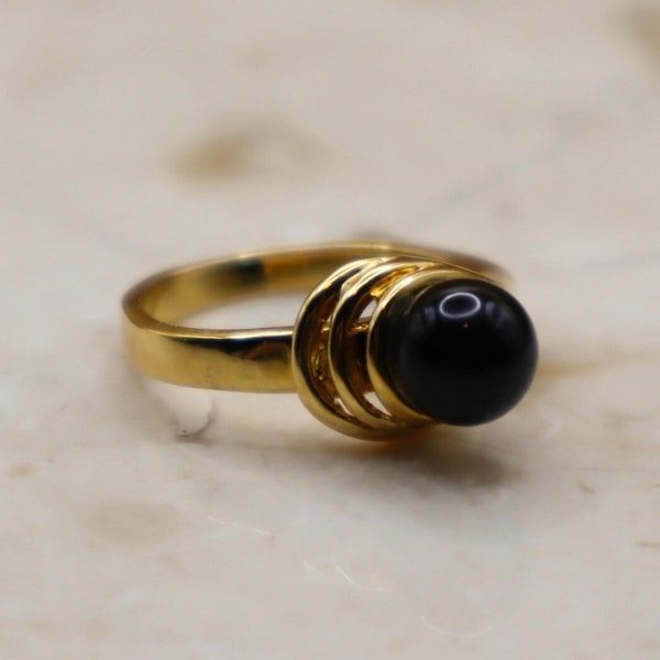 Vintage 18k Gold Electroplated Solitaire Cabochon Onyx Gemstone Ring Size 7, 8 and 10, Vintage Dolphin Ore Gold Plated Ring