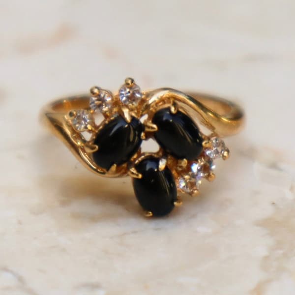 Vintage 18k Gold Electroplated Solitaire Onyx Gemstone & Clear CZ Stones Ring, Vintage Dolphin Ore Gold Plated Ring, Onyx Ring