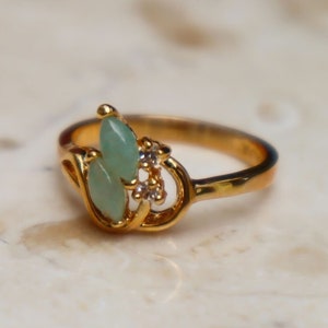 Vintage 18k Gold Electroplated Marquise Cut Aventurine & Clear CZ Stones Ring, Vintage Gold Aventurine Ring, Vintage Dolphin Ore Ring