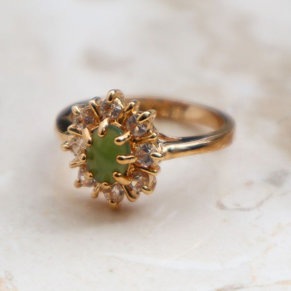 Vintage 18k Gold Electroplated Solitaire Oval Jade & Clear CZ Stones Ring, Vintage Gold Plated Jade Ring, Vintage Dolphin Ore Jade Ring
