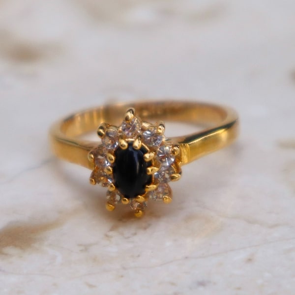 Vintage 18k Gold Electroplated Solitaire Onyx Gemstone & Clear CZ Stones Ring Size 9, Vintage Dolphin Ore Gold Plated Ring