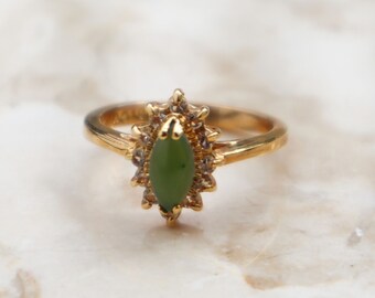 Vintage 18k Gold Electroplated Solitaire Marquise Jade & Clear CZ Stones Ring, Vintage Gold Plated Jade Ring, Vintage Dolphin Ore